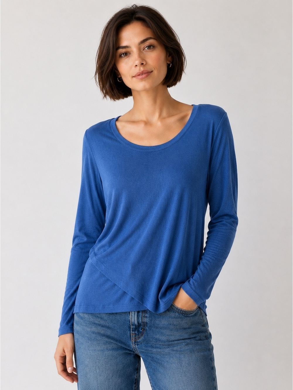 H by Halston Navy Blue Ribbed Long Sleeve Knit Top Medium Scoop Neck
